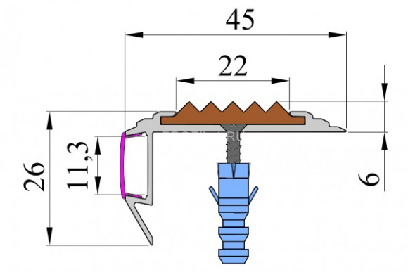 Алюминиевый порог угловой противоскользящий с подсветкой 26х45 мм АУ-45-LED-Анод золото-бежевый 2,0 м