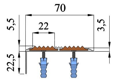 Алюминиевый угол-порог с 2-мя резиновыми вставками 70х22 мм АУ-70-Анод коньяк-черный 2,0 м