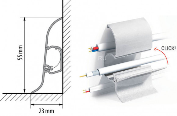 Алюминиевый плинтус напольный 55 мм Cezar LP55 с кабель-каналом 2,5 м Алюминиевый плинтус напольный 55 мм Cezar LP55 с кабель-каналом 2,5 м