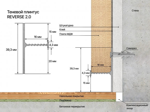 Теневой плинтус алюминиевый с кромкой 1.5 мм для панелей и керамогранита Laconistiq Reverse 2.0 без покрытия 39.3х16х3000 мм зазор 15/20 мм