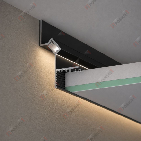 Алюминиевый потолочный теневой профиль с LED подсветкой под углом ПТС-205 черный матовый 2,7 м