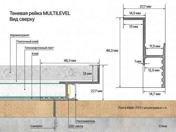Теневая рейка алюминиевая разноуровневая под подсветку Laconistiq Multilevel черная 46.3х27.7х3000 мм