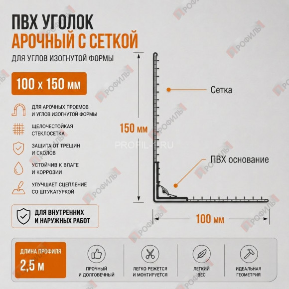 Уголок арочный штукатурный ПВХ с сеткой 100х150 мм 2,5 м для изогнутых углов Уголок арочный штукатурный ПВХ с сеткой 100х150 мм 2,5 м для изогнутых углов