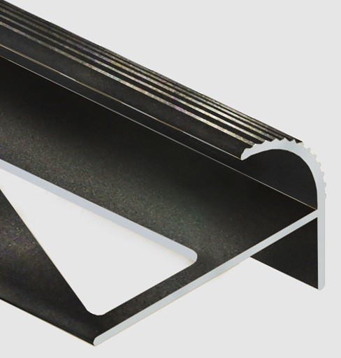 Алюминиевый профиль F-образный округлый с рифлением для ступеней 12 мм PV57-18 черный матовый 2,7 м