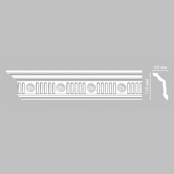 Плинтус DECOMASTER DT-88152 (110x63x2400) потолочный с рисунком каннелюры с розетками из полиуретана, белый под покраску