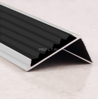 Угловой порог алюминиевый противоскользящий с резиной 38х23 мм ПО-38х23+ПР-30 серебро матовое-черный 2,7 м