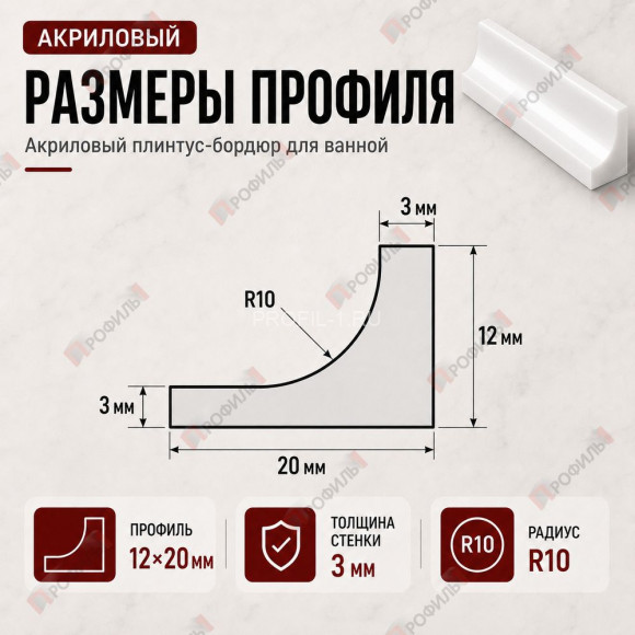 Плинтус-бордюр для ванной акриловый Quart Neo вогнутый 12х20х1800 мм белый глянец