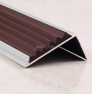 Угловой порог алюминиевый противоскользящий с резиной 38х23 мм ПО-38х23+ПР-30 серебро матовое-коричневый 2,7 м