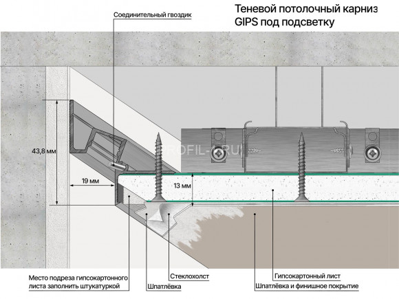 Алюминиевый теневой потолочный плинтус под подсветку Laconistiq Gips Classic без покрытия 3м