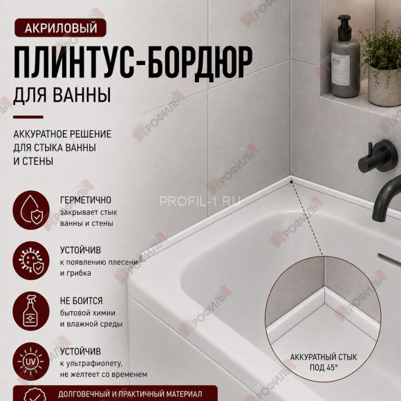 Плинтус-бордюр для ванной акриловый Quart Neo выпуклый 15х12х1800 мм белый глянец Плинтус-бордюр для ванной акриловый Quart Neo выпуклый 15х12х1800 мм белый глянец