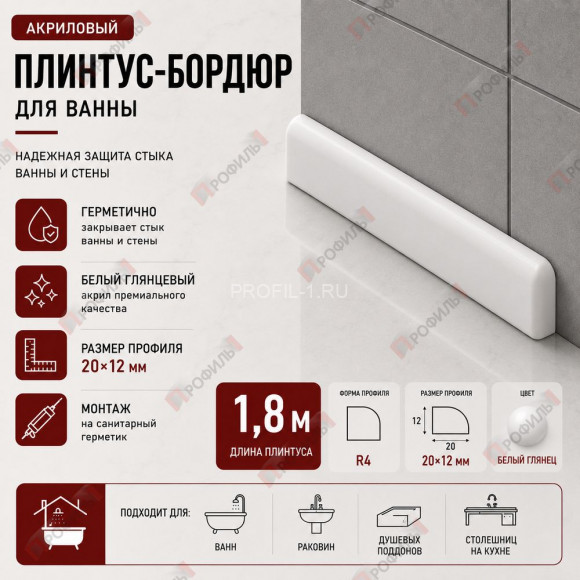 Плинтус-бордюр для ванной акриловый Quart Neo выпуклый 20х12х1800 мм белый глянец