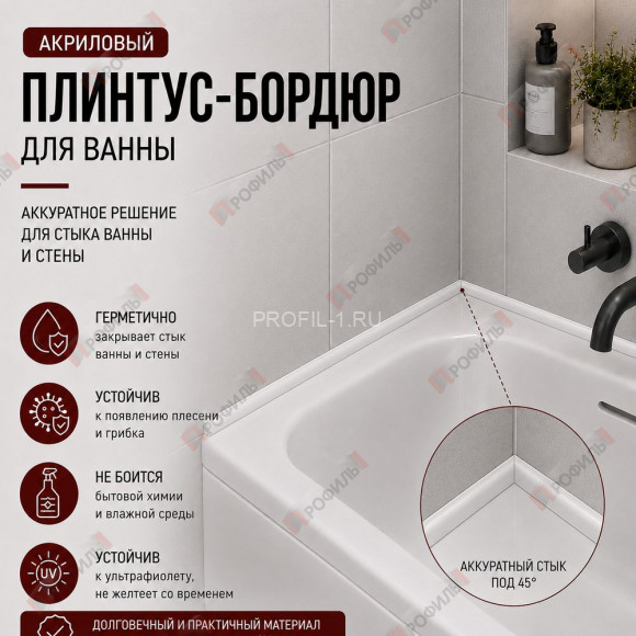 Плинтус-бордюр для ванной акриловый Quart Neo выпуклый 20х12х1800 мм белый глянец