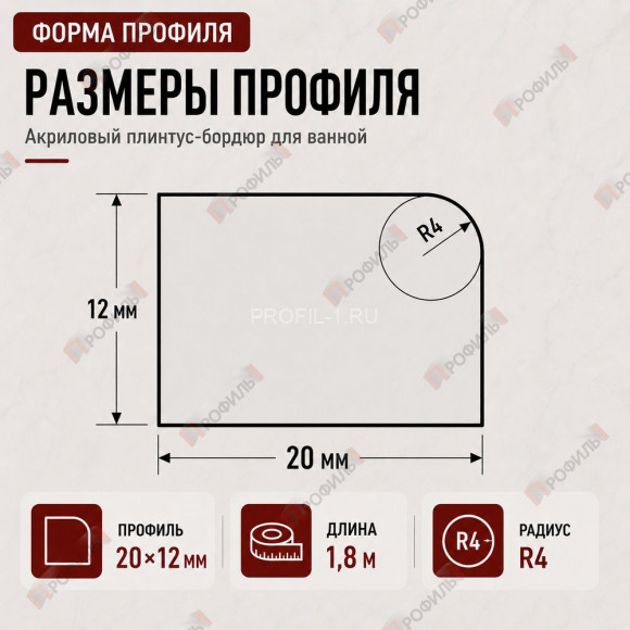 Плинтус-бордюр для ванной акриловый Quart Neo выпуклый 20х12х1800 мм белый глянец