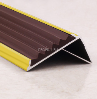 Угловой порог алюминиевый противоскользящий с резиной 38х23 мм ПО-38х23+ПР-30 золото матовое-коричневый 2,7 м