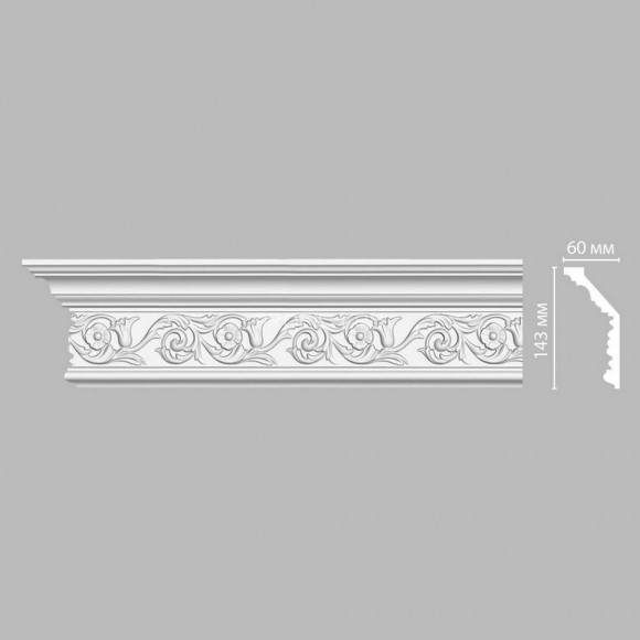 Плинтус DECOMASTER DT-303F гибкий (143x60x2400) потолочный с рисунком цветочные розетки из полиуретана, белый под покраску
