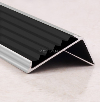 Угловой порог алюминиевый противоскользящий с резиной 38х23 мм ПО-38х23+ПР-30 серебро глянец-черный 2,7 м