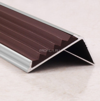 Угловой порог алюминиевый противоскользящий с резиной 38х23 мм ПО-38х23+ПР-30 серебро глянец-коричневый 2,7 м