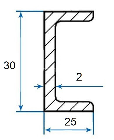 Швеллер алюминиевый П-профиль 25х30х25х2 мм 3м