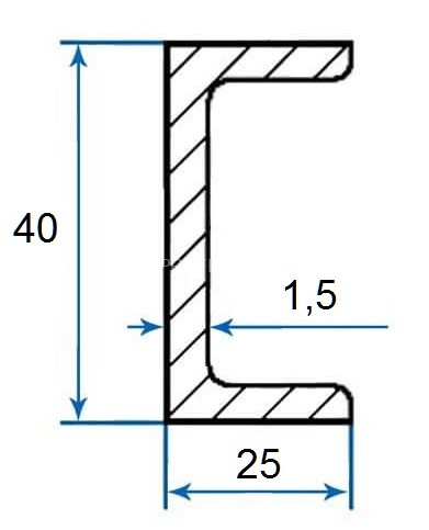 Швеллер алюминиевый П-профиль 25х40х25х1,5 мм 3м