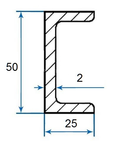Швеллер алюминиевый П-профиль 25х50х25х2 мм 3м