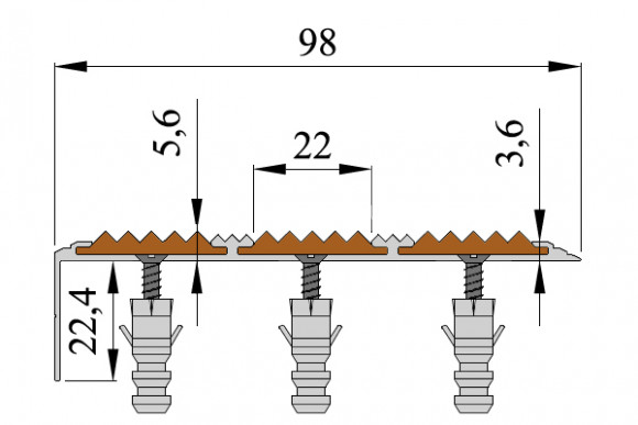 Алюминиевый угол-порог противоскользящий 22х98 мм АУ-98 желтый-черный-желтый 2,0 м