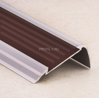 Угловой порог алюминиевый противоскользящий с резиной 48х23 мм ПО-48х23+ПР-30 без покрытия-коричневый 2,7 м