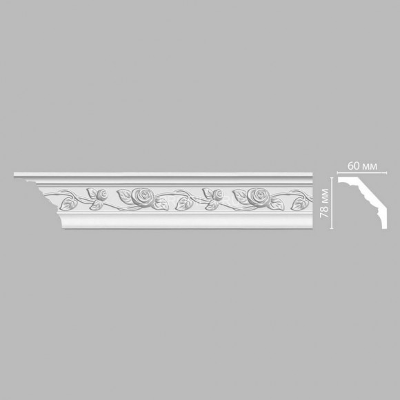Плинтус DECOMASTER 95614 (78x60x2400) потолочный с рисунком цветочный орнамент с розами из полиуретана, белый под покраску